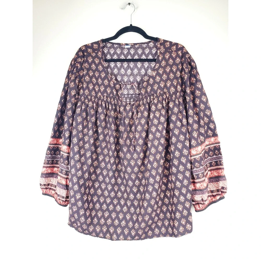 Old Navy Peasant Top Womens 2X‎ Floral Puff Balloon Sleeve Brown Cotton Bohemian